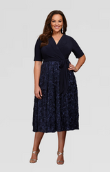 Plus Tea-Length Lace & Jersey Cocktail Dress with Full Rosette Lace Skirt and Tie Belt