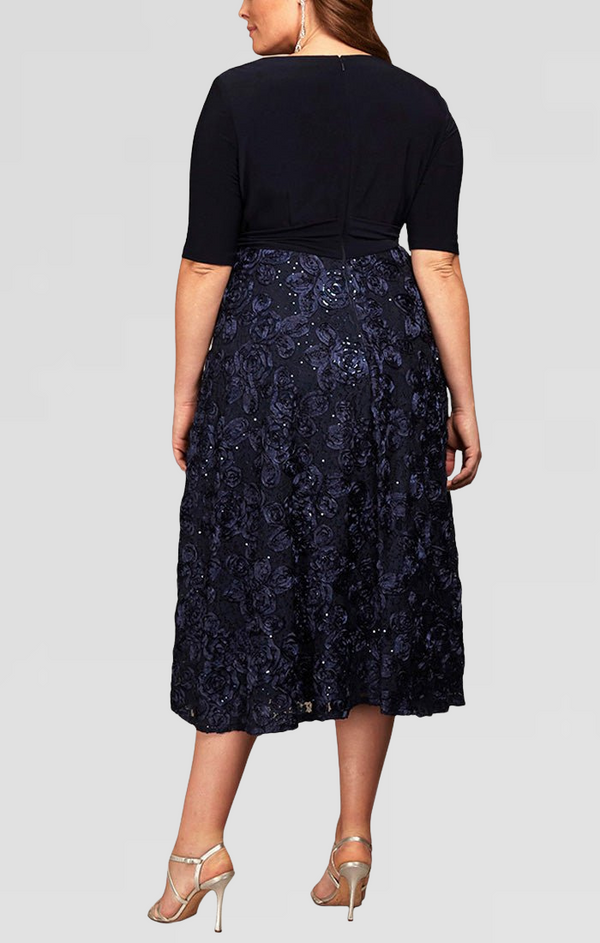 Plus Tea-Length Lace & Jersey Cocktail Dress with Full Rosette Lace Skirt and Tie Belt