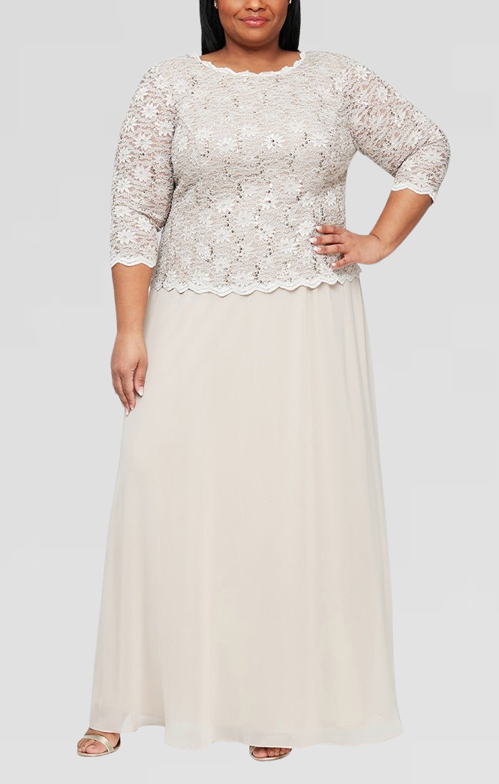 Plus Long Gown with Sequin Lace Bodice & Chiffon Skirt