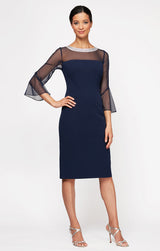 Short Sheath Crepe Cocktail Dress with Beaded Illusion Neckline & Bell Sleeves