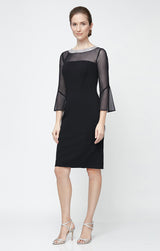Petite Sheath Crepe Cocktail Dress with Beaded Illusion Neckline & Bell Sleeves