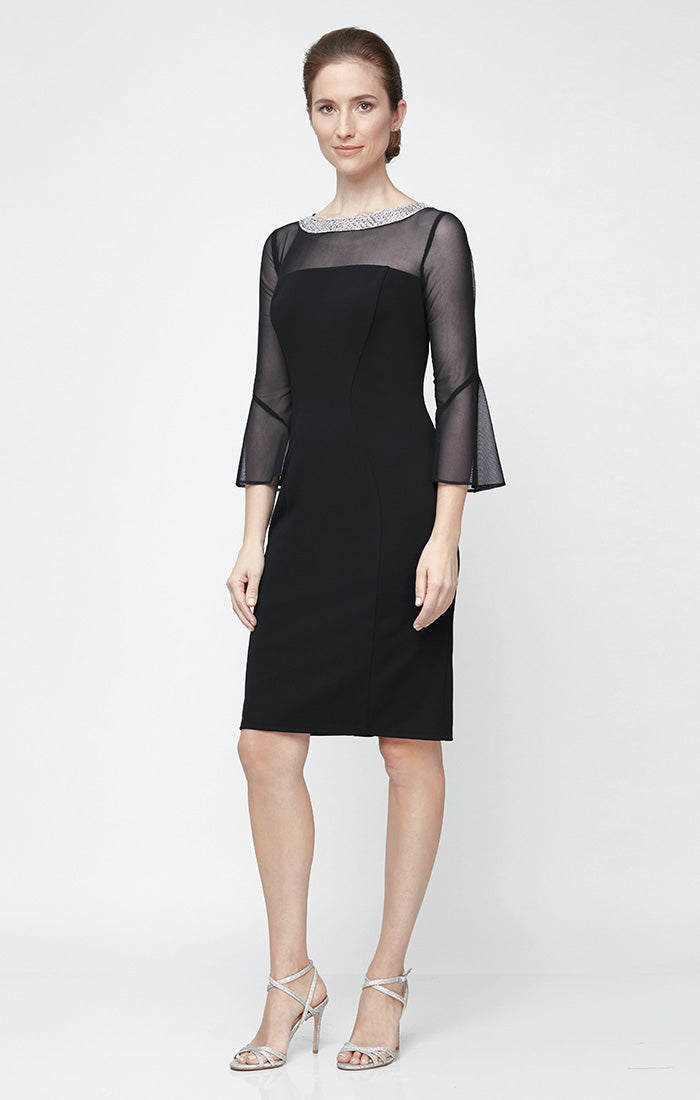 Petite Sheath Crepe Cocktail Dress with Beaded Illusion Neckline & Bell Sleeves
