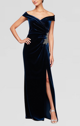 Long Off the Shoulder Fit and Flare Dress With Surplice Sweetheart Neckline, Beaded Hip Detail and Front Slit