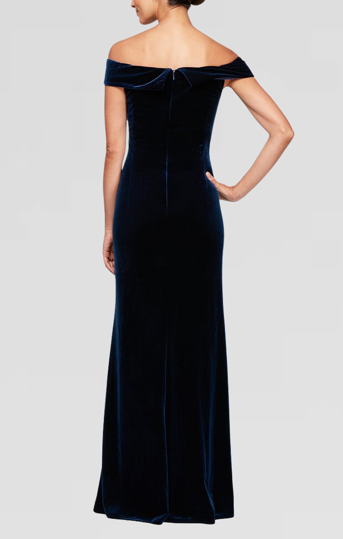 Long Off the Shoulder Fit and Flare Dress With Surplice Sweetheart Neckline, Beaded Hip Detail and Front Slit