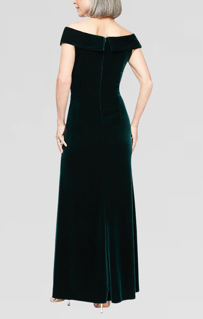 Long Off the Shoulder Fit and Flare Dress With Surplice Sweetheart Neckline, Beaded Hip Detail and Front Slit