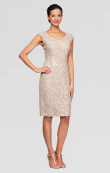 Petite Short V-Neck Sheath Dress With Cap Sleeves and Cording Detail