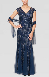 Petite Cap Sleeve Embroidered Fit and Flare Dress with Godet Detail Skirt & Shawl