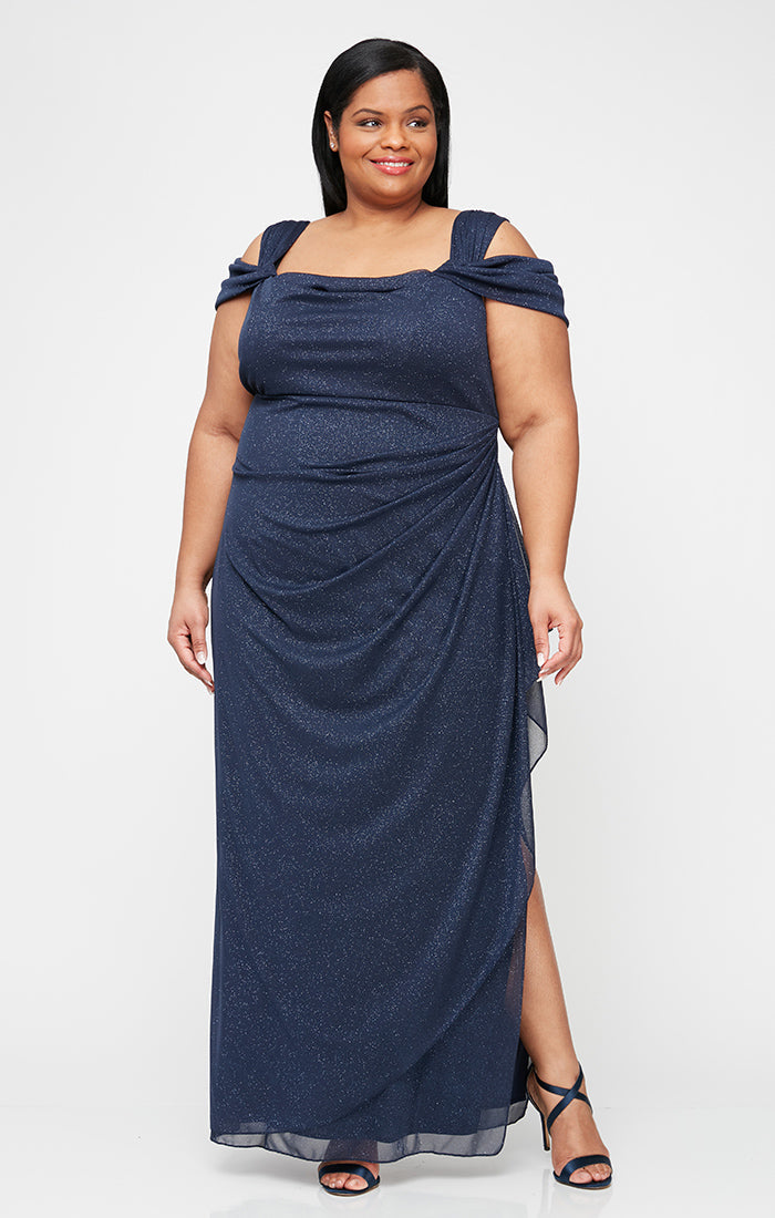 Cold Shoulder Glitter Mesh Dress with Draped Skirt & Cowl Neckline