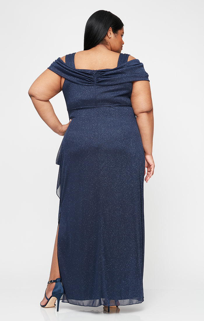 Cold Shoulder Glitter Mesh Dress with Draped Skirt & Cowl Neckline