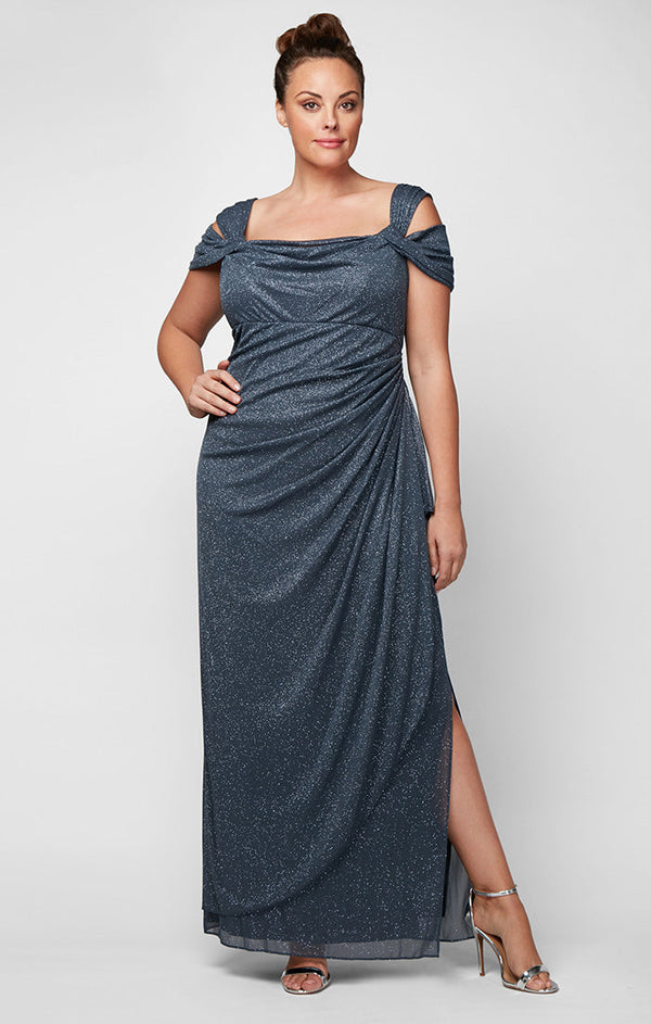 Cold Shoulder Glitter Mesh Dress with Draped Skirt & Cowl Neckline