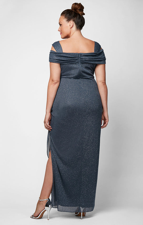 Cold Shoulder Glitter Mesh Dress with Draped Skirt & Cowl Neckline