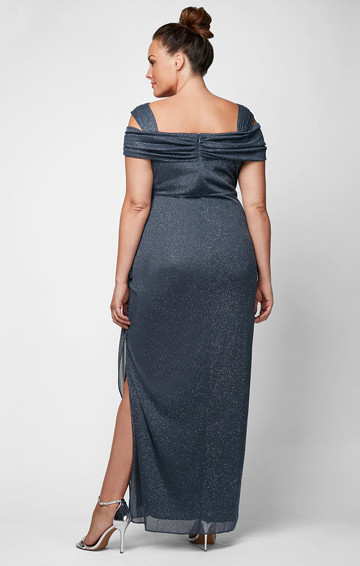 Cold Shoulder Glitter Mesh Dress with Draped Skirt & Cowl Neckline