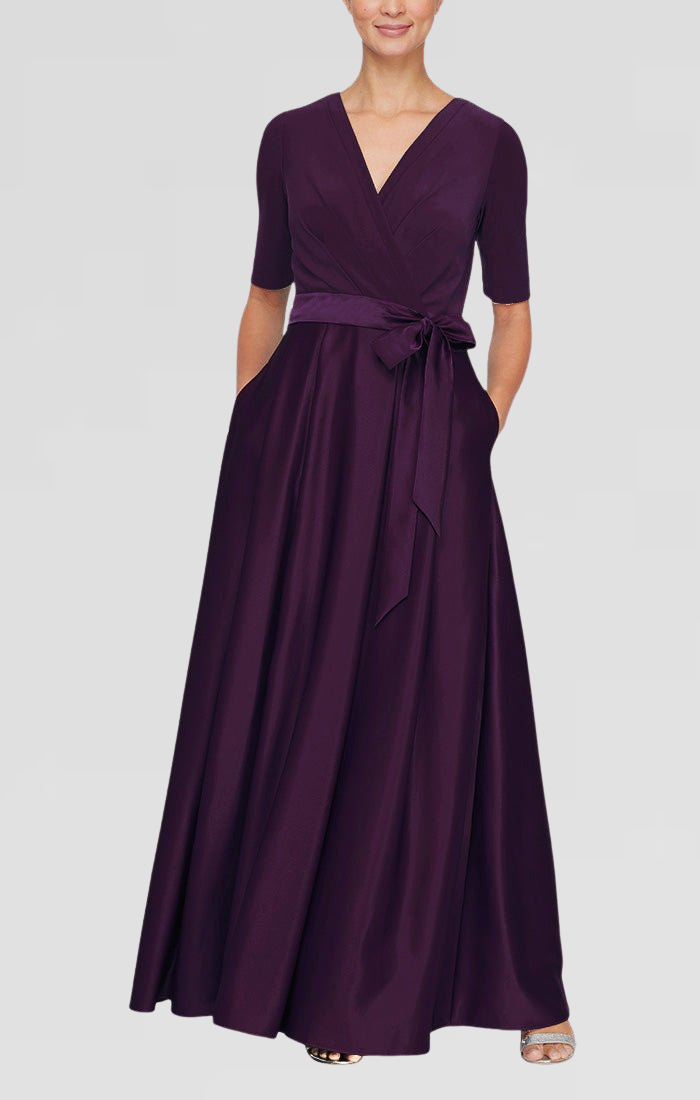 Surplice Neckline Ballgown with Full Satin Skirt & Jersey Bodice