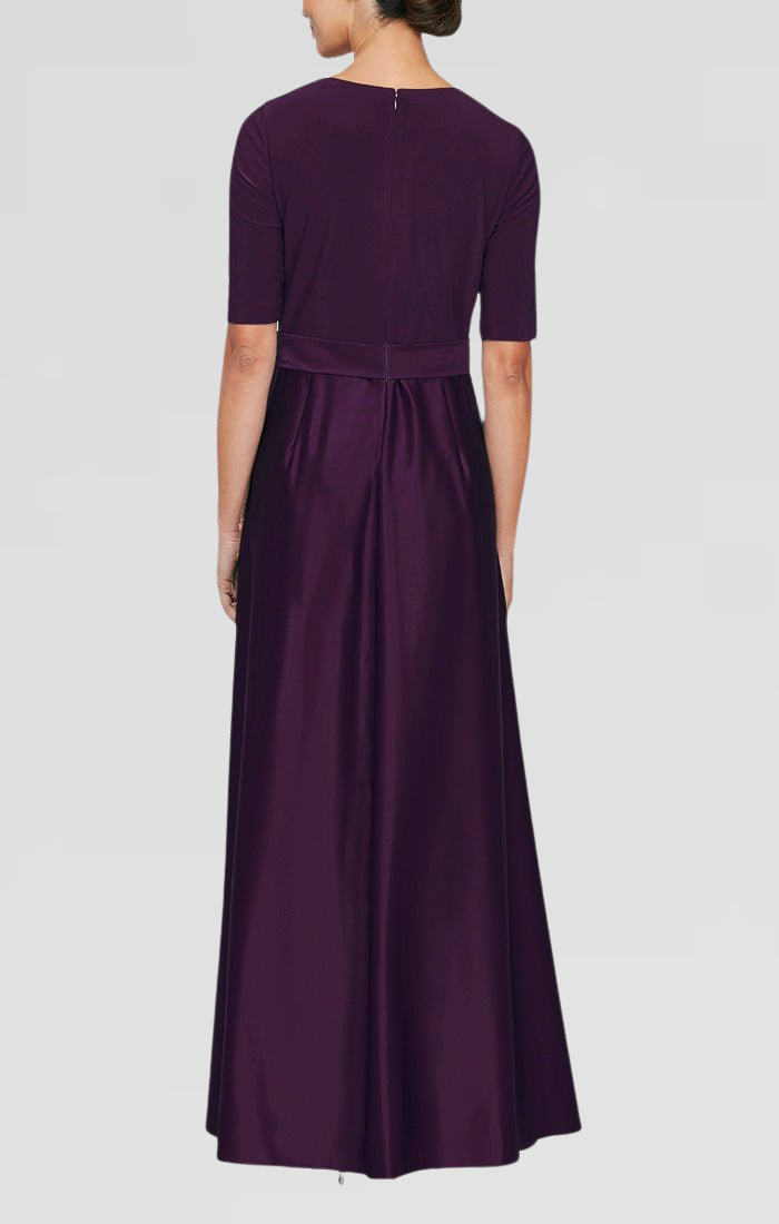 Surplice Neckline Ballgown with Full Satin Skirt & Jersey Bodice