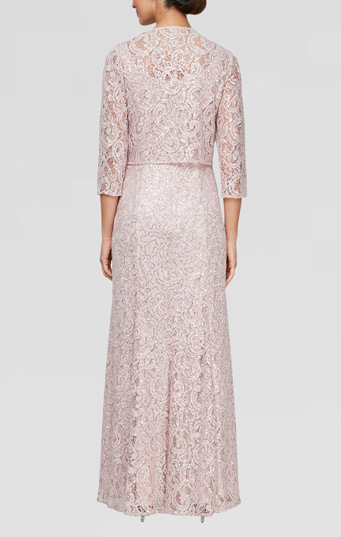 Regular - Long A-Line Jacket Dress With Illusion Cascade Jacket and Sequin Detail