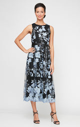 Sleeveless Embroidered Party Dress with Full Skirt & Satin Tie Belt
