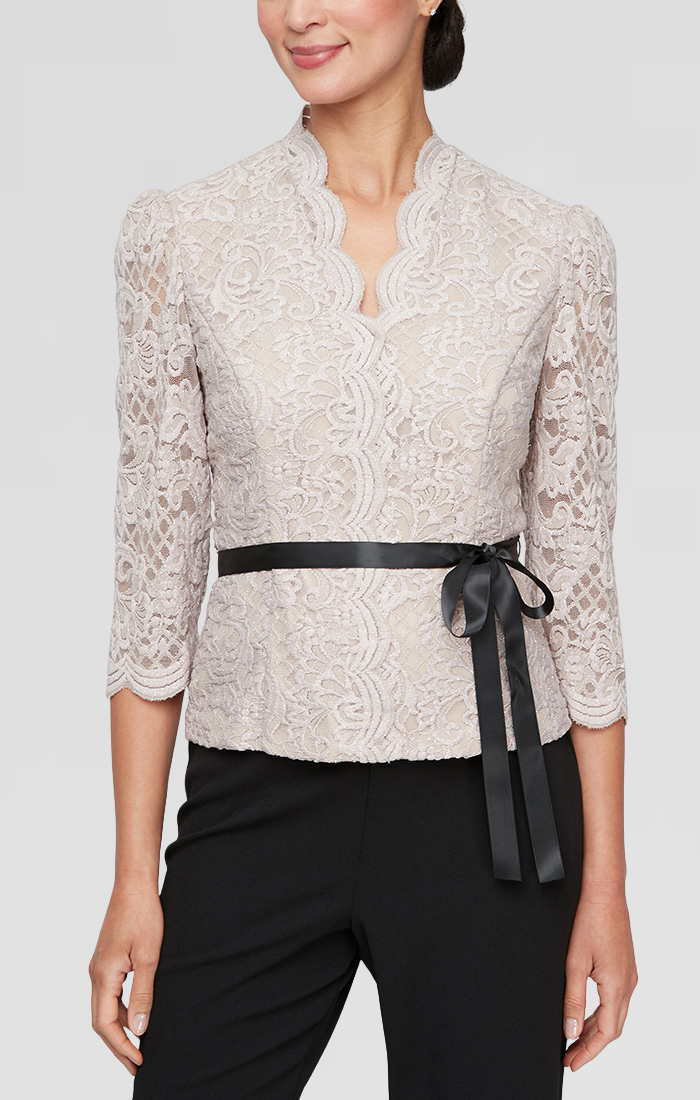 3/4 Sleeve Blouse with Scallop Front Detail and Tie Belt