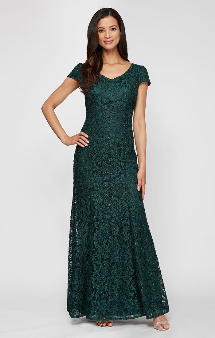Petite V-Neck Fit & Flare Corded Lace Gown