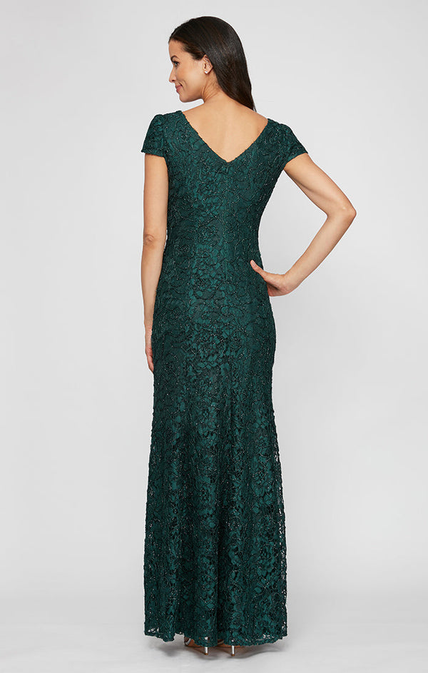 Petite V-Neck Fit & Flare Corded Lace Gown