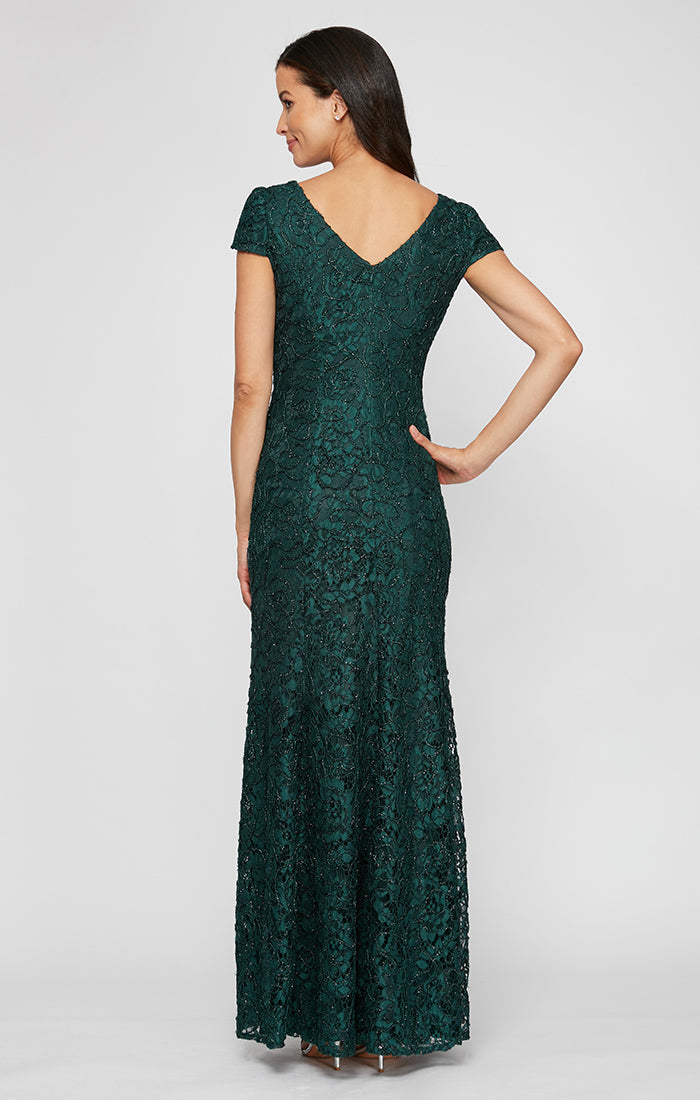 Petite V-Neck Fit & Flare Corded Lace Gown