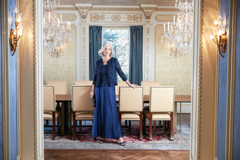 Glitter Lace & Satin Jacket Dress with Open Jacket