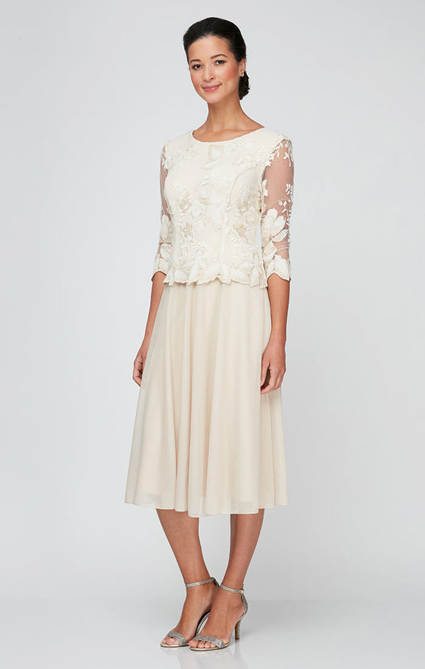 Petite Embroidered Tulle Dress with Illusion Sleeves & Scallop Trim