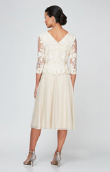 Petite Embroidered Tulle Dress with Illusion Sleeves & Scallop Trim