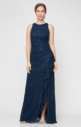 Regular - Long Sleeveless Lace Dress with Cascade Ruffle Front Slit Detail