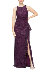 Petite Long Sleeveless Lace Dress with Cascade Ruffle Front Slit Detail