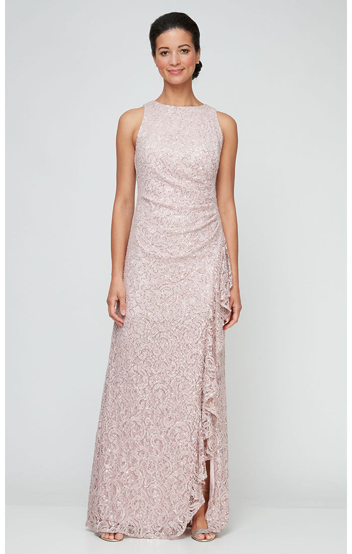 Long Sleeveless Lace Dress with Cascade Ruffle Front Slit Detail