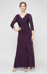 Long A-Line Empire Waist Lace & Mesh Dress with Surplice Neckline, Beaded Ruched Detail Cascade Skirt & Illusion Sleeves