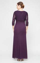 Long A-Line Empire Waist Lace & Mesh Dress with Surplice Neckline, Beaded Ruched Detail Cascade Skirt & Illusion Sleeves
