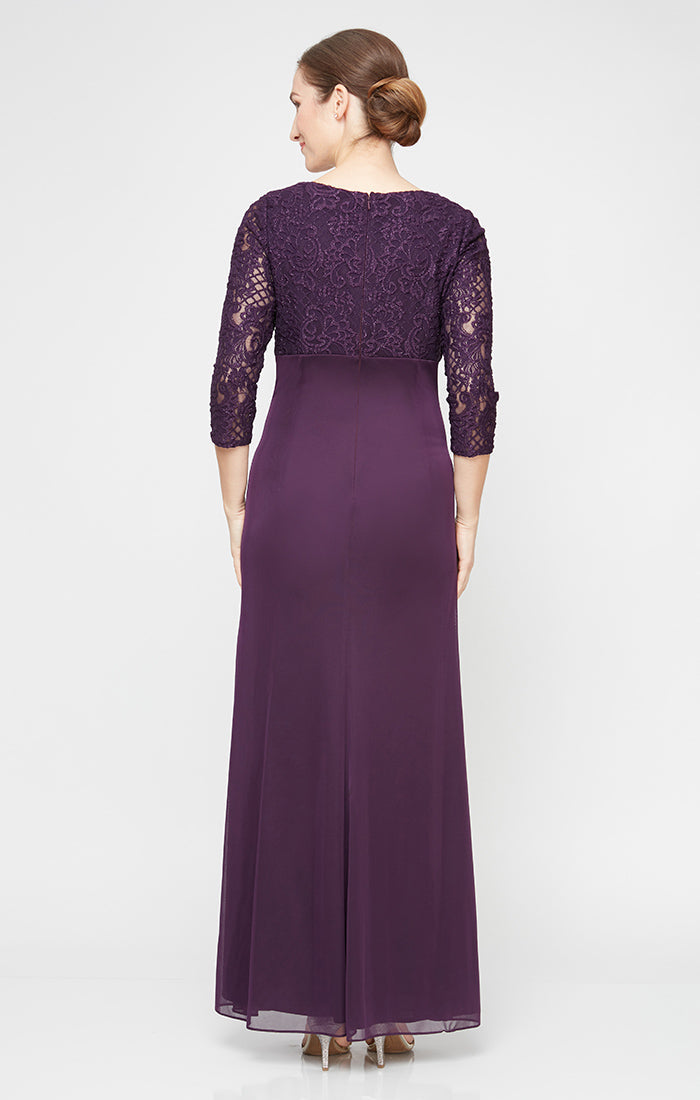 Long A-Line Empire Waist Lace & Mesh Dress with Surplice Neckline, Beaded Ruched Detail Cascade Skirt & Illusion Sleeves