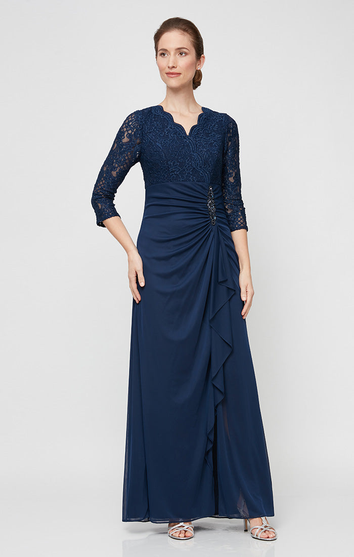 Long A-Line Empire Waist Lace & Mesh Dress with Surplice Neckline, Beaded Ruched Detail Cascade Skirt & Illusion Sleeves