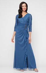 Plus Long A-Line Empire Waist Lace & Mesh Dress with Surplice Neckline, Beaded Ruched Detail Cascade Skirt & Illusion Sleeves