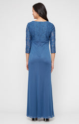 Plus Long A-Line Empire Waist Lace & Mesh Dress with Surplice Neckline, Beaded Ruched Detail Cascade Skirt & Illusion Sleeves