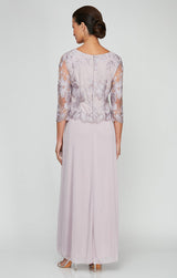 Petite Long A-Line Embroidered Mock Dress with Scallop Detail and 3/4 Sleeves