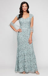 Long Soutache Sweetheart Neckline Dress with Cap Sleeves and Tulle Shawl