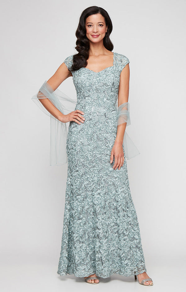 Long Soutache Sweetheart Neckline Dress with Cap Sleeves and Tulle Shawl