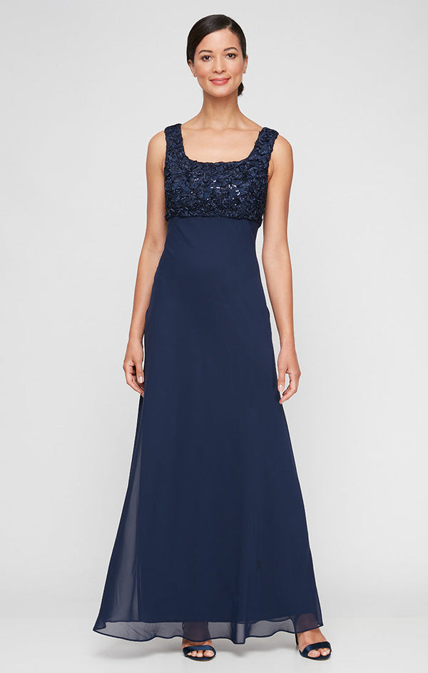 Long Empire Waist Dress With Open Soutache Jacket