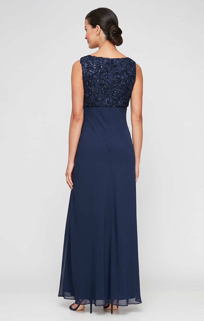 Long Empire Waist Dress With Open Soutache Jacket