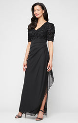 Long Empire Waist Dress with Soutache Bodice, Puff Sleeve Detail and Cascade Ruffle Skirt