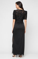 Long Empire Waist Dress with Soutache Bodice, Puff Sleeve Detail and Cascade Ruffle Skirt