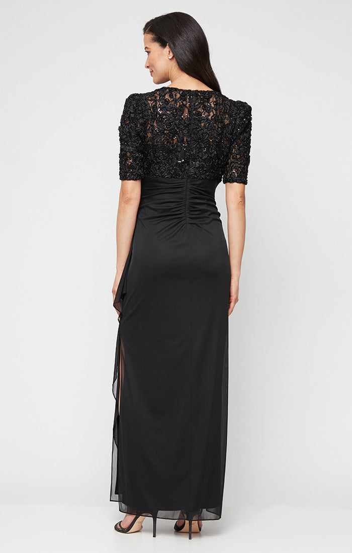 Long Empire Waist Dress with Soutache Bodice, Puff Sleeve Detail and Cascade Ruffle Skirt