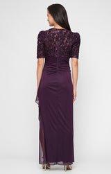 Long Empire Waist Dress with Soutache Bodice, Puff Sleeve Detail and Cascade Ruffle Skirt
