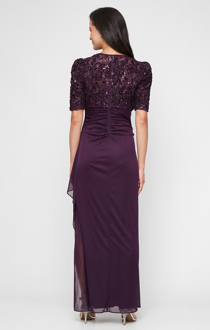 Long Empire Waist Dress with Soutache Bodice, Puff Sleeve Detail and Cascade Ruffle Skirt