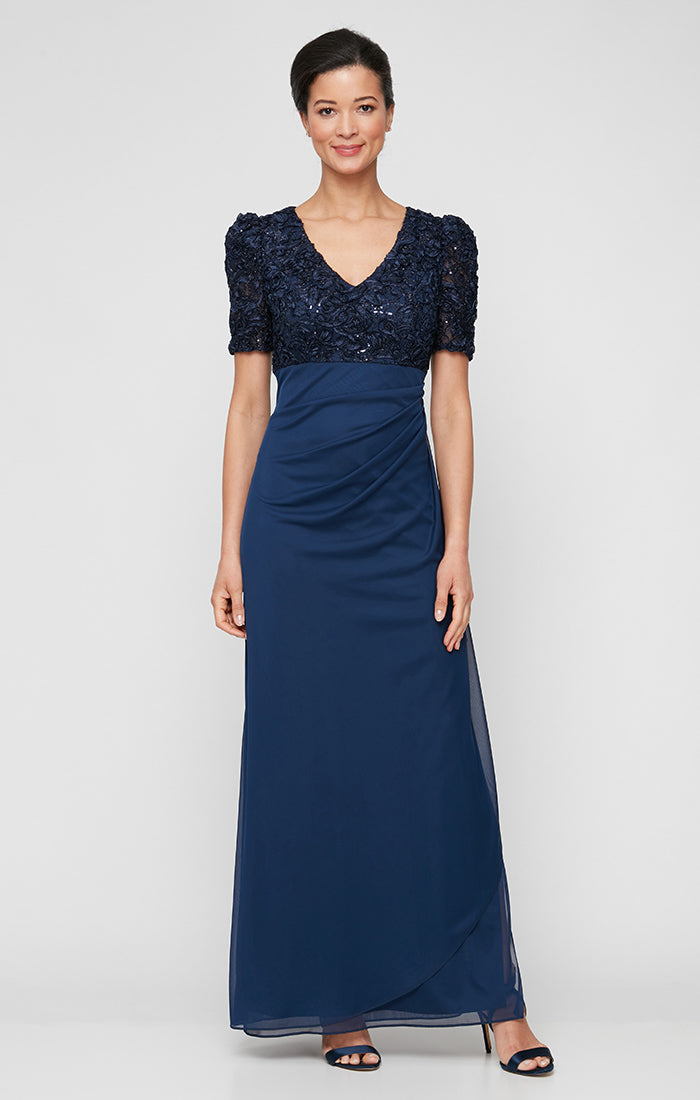 Long Empire Waist Dress with Soutache Bodice, Puff Sleeve Detail and Cascade Ruffle Skirt
