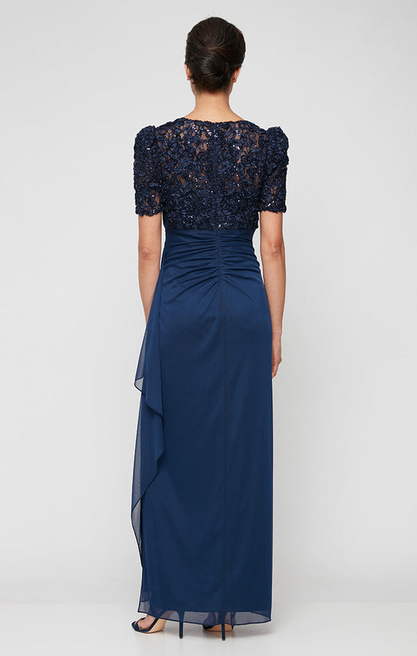 Long Empire Waist Dress with Soutache Bodice, Puff Sleeve Detail and Cascade Ruffle Skirt