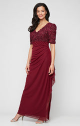 Long Empire Waist Dress with Soutache Bodice, Puff Sleeve Detail and Cascade Ruffle Skirt