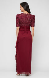 Long Empire Waist Dress with Soutache Bodice, Puff Sleeve Detail and Cascade Ruffle Skirt